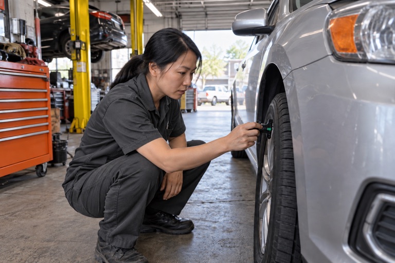 Mechanic checking a tire in a repair shop