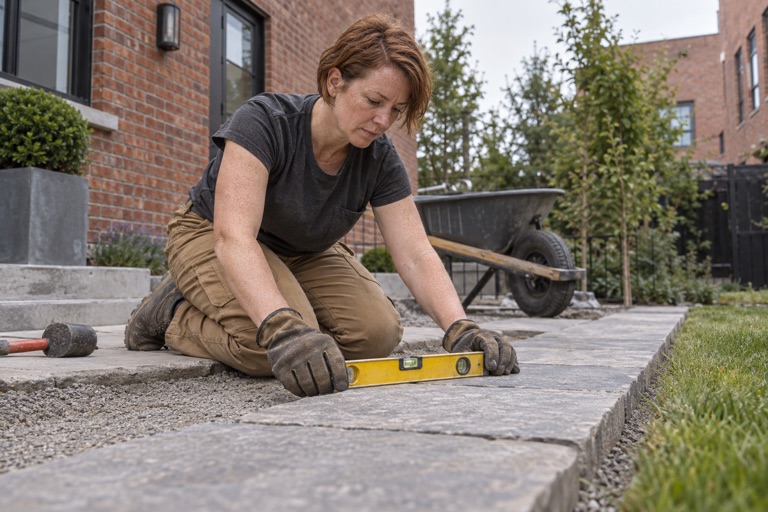 Landscaper leveling pavers in a yard