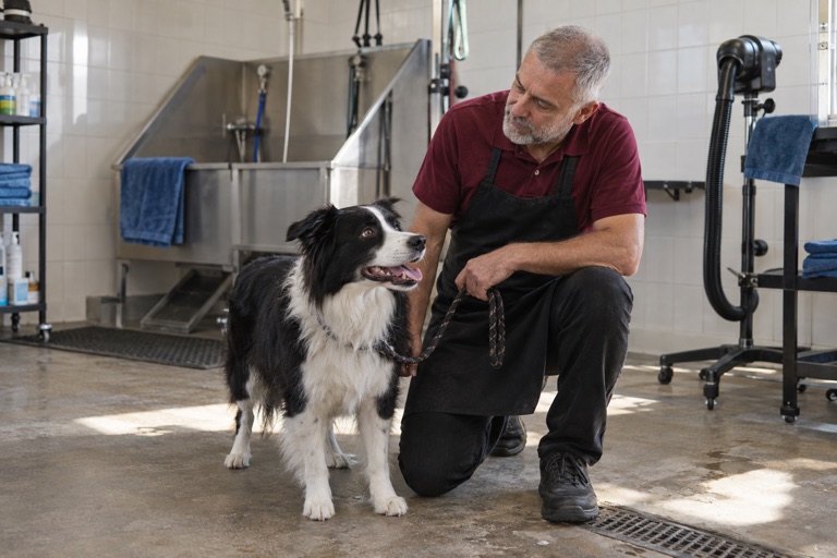Pet care owner kneeling beside a dog