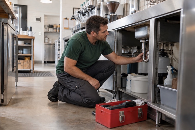 Plumber repairing pipes under a sink